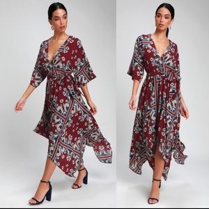 Lulus Burgundy Print Midi Dress